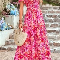 Women's Summer Casual Flutter Short Sleeve Boho Floral Maxi Dress Crew Neck Smocked Tiered Long Dresses, X-rose Red, Large