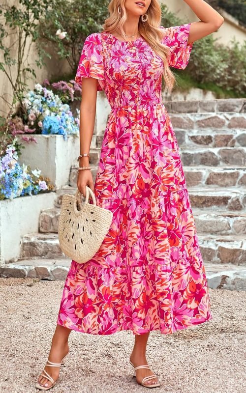 Women's Summer Casual Flutter Short Sleeve Boho Floral Maxi Dress Crew Neck Smocked Tiered Long Dresses, X-rose Red, Large