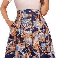 Womens Elegant Print Notched Neck Slant Pocket Pleated Hem Casual A-Line Dress