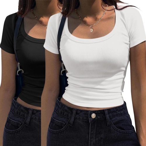 Women's Short Sleeve T Shirts Casual Summer Basic Scoop Neck Slim Fit Rib Knit Business Work Tee Tops