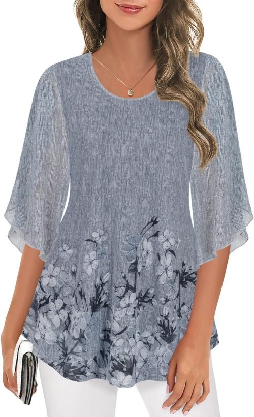 Women's Tops 3/4 Sleeve Blouses Dressy Casual Double Layers Mesh Tunic Shirts