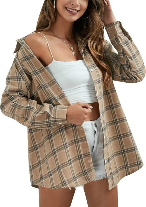 Plaid Flannel Button Down Shirts for Women Oversized Dressy Casual Long Sleeve Tops Blouse