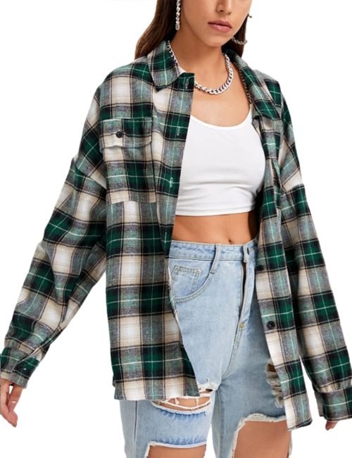 Plaid Flannel Button Down Shirts for Women Oversized Dressy Casual Long Sleeve Tops Blouse