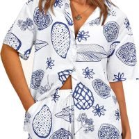 Womens 2 Piece Summer Beach Outfits Printed Short Sleeve Tops Lounge Shorts Casual Tracksuit Set