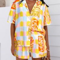 Womens 2 Piece Summer Beach Outfits Printed Short Sleeve Tops Lounge Shorts Casual Tracksuit Set