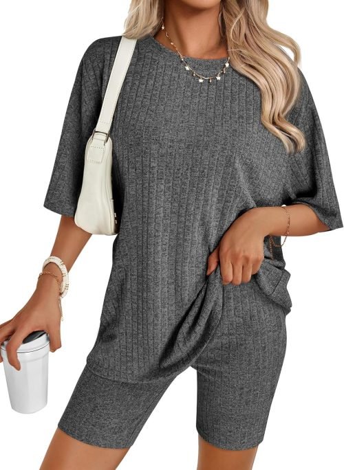 Women's Summer 2 Piece Outfits Lounge Sets Ribbed Knit Short Sleeve Loose Top and Bodycon Shorts Pajamas Set 2024