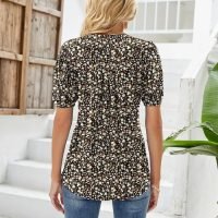Womens V Neck Puff Short Sleeve Pleated T Shirts Fashion Summer Tops Casual Tunic Blouse, Floral Black, Medium