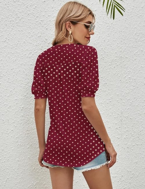 Women Casual V-Neck T-Shirts Loose Puff Short-Sleeve Tops Tunic Blouse