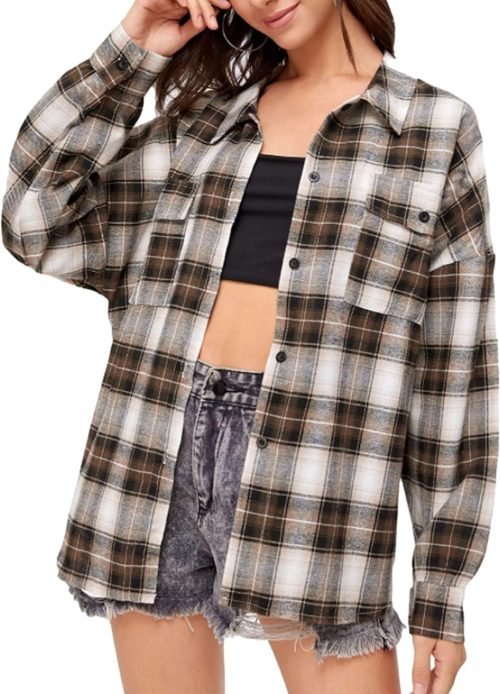 Plaid Flannel Button Down Shirts for Women Oversized Dressy Casual Long Sleeve Tops Blouse