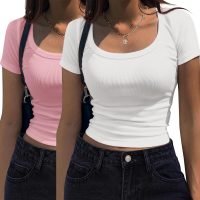 Women's Short Sleeve T Shirts Casual Summer Basic Scoop Neck Slim Fit Rib Knit Business Work Tee Tops
