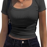 Women's Short Sleeve T Shirts Casual Summer Basic Scoop Neck Slim Fit Rib Knit Business Work Tee Tops