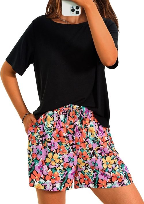 Womens 2 Piece Summer Short Sleeve Tops Printed Shorts Tracksuit