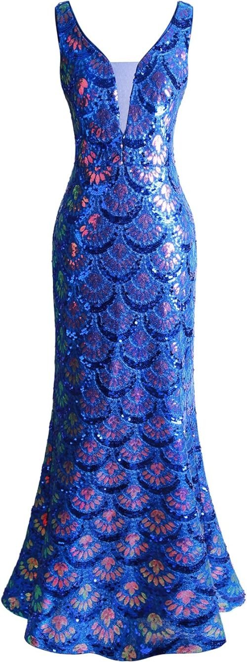 Women's V Neck Splicing Tulle Pattern Sequin Elegant Long Mermaid Prom Dress
