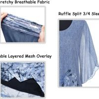 Women's Tops 3/4 Sleeve Blouses Dressy Casual Double Layers Mesh Tunic Shirts