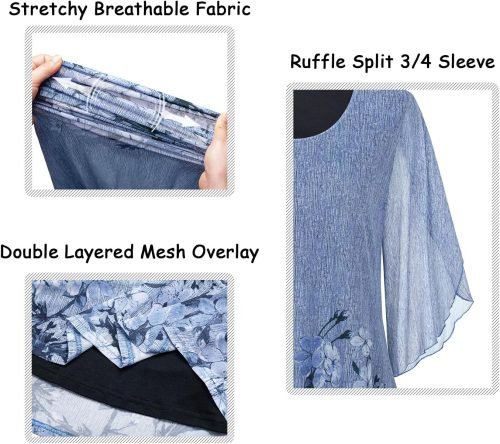 Women's Tops 3/4 Sleeve Blouses Dressy Casual Double Layers Mesh Tunic Shirts