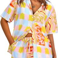 Womens 2 Piece Summer Beach Outfits Printed Short Sleeve Tops Lounge Shorts Casual Tracksuit Set