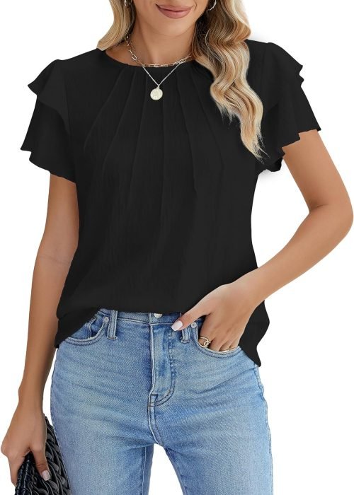 Women Dressy Casual Tops Business Work Blouses Summer Shirts Short Sleeve Crew Neck Outfits 2024