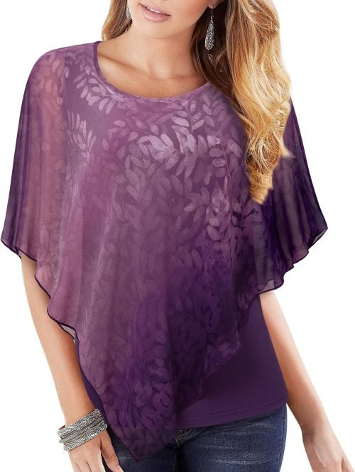 Women's Lightweight Flowy Shirt Double-Layered Printed Chiffon Poncho Blouse Top