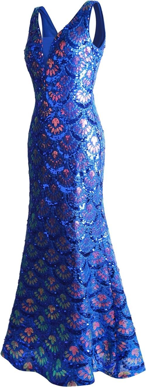 Women's V Neck Splicing Tulle Pattern Sequin Elegant Long Mermaid Prom Dress