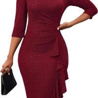 Women's Sequin Sparkly Glitter Party Club Dress Crew Neck 3/4 Sleeve Ruffle Ruched Cocktail Bodycon Midi Dress