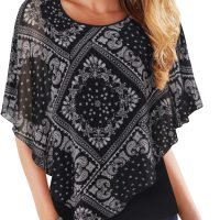 Women's Lightweight Flowy Shirt Double-Layered Printed Chiffon Poncho Blouse Top