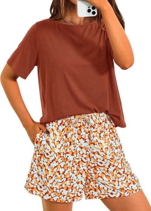 Womens 2 Piece Summer Short Sleeve Tops Printed Shorts Tracksuit