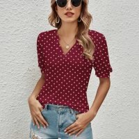 Women Casual V-Neck T-Shirts Loose Puff Short-Sleeve Tops Tunic Blouse