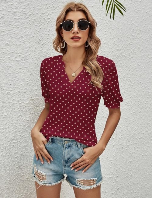 Women Casual V-Neck T-Shirts Loose Puff Short-Sleeve Tops Tunic Blouse