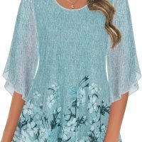 Women's Tops 3/4 Sleeve Blouses Dressy Casual Double Layers Mesh Tunic Shirts