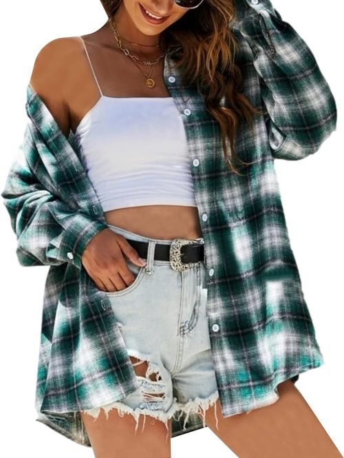 Plaid Flannel Button Down Shirts for Women Oversized Dressy Casual Long Sleeve Tops Blouse