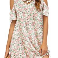 Women Summer Cold Shoulder Criss Cross Neckline Short Sleeve Casual Tunic Top Dress (S-3XL)