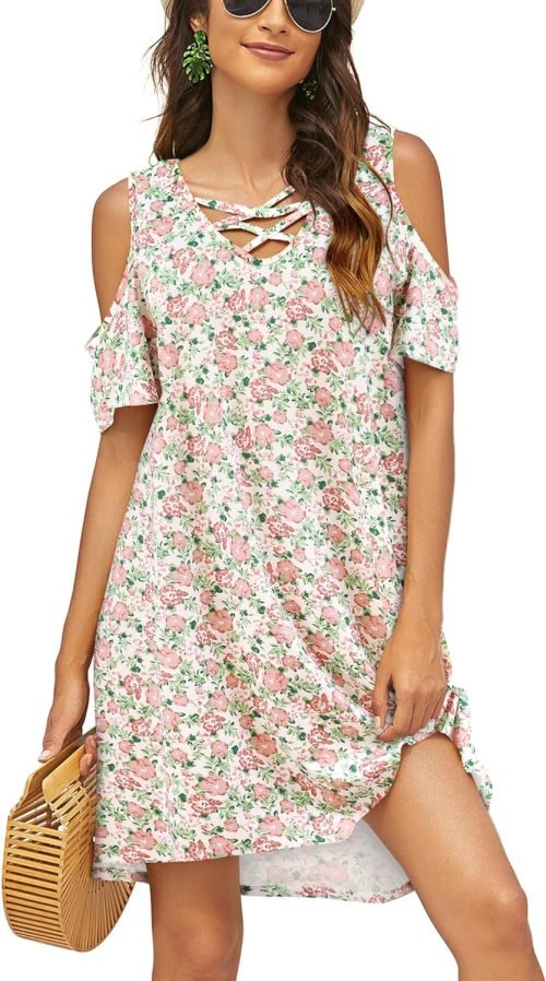 Women Summer Cold Shoulder Criss Cross Neckline Short Sleeve Casual Tunic Top Dress (S-3XL)