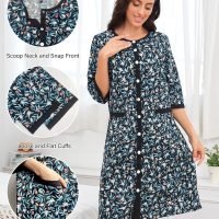 Women House Dress Snap Front Nightgown 3/4 Sleeve Housecoat Duster Robe with Pockets Moomoo Patio Dress