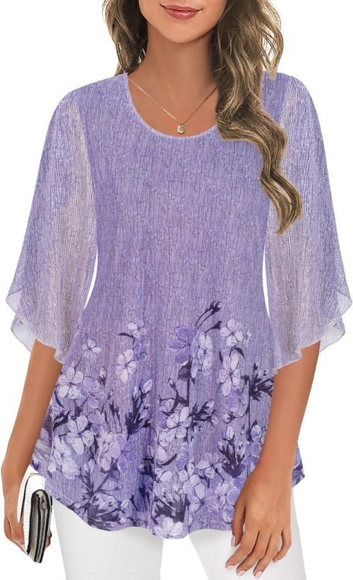 Women's Tops 3/4 Sleeve Blouses Dressy Casual Double Layers Mesh Tunic Shirts