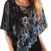 Women's Lightweight Flowy Shirt Double-Layered Printed Chiffon Poncho Blouse Top