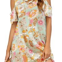 Women Summer Cold Shoulder Criss Cross Neckline Short Sleeve Casual Tunic Top Dress (S-3XL)