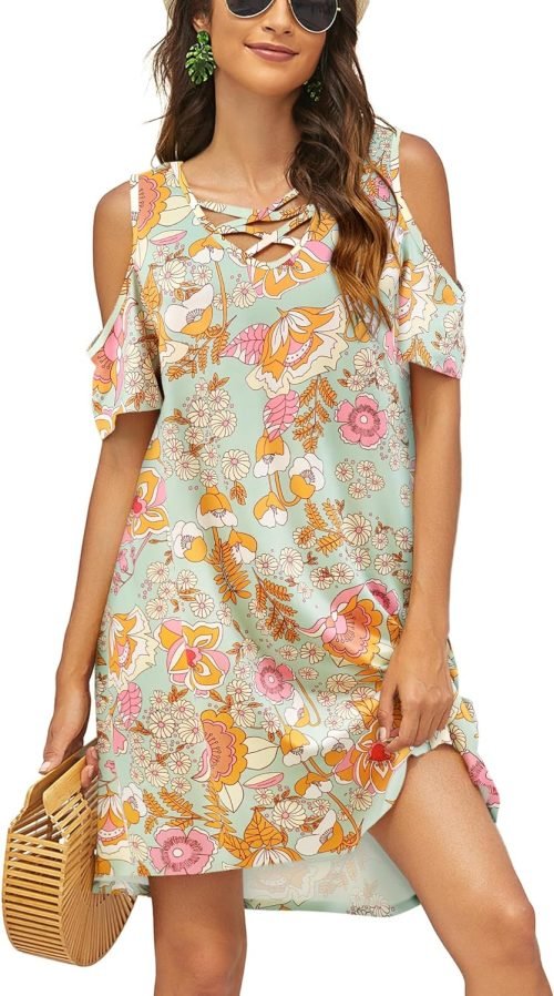 Women Summer Cold Shoulder Criss Cross Neckline Short Sleeve Casual Tunic Top Dress (S-3XL)