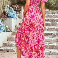 Women's Summer Casual Flutter Short Sleeve Boho Floral Maxi Dress Crew Neck Smocked Tiered Long Dresses, X-rose Red, Large