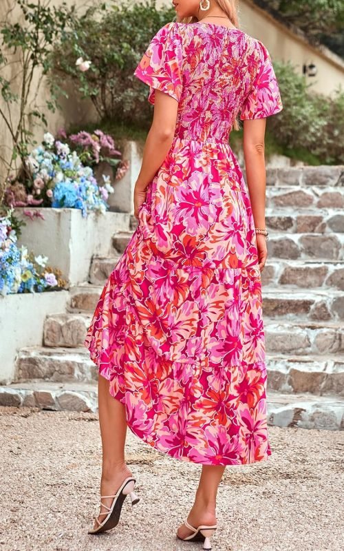 Women's Summer Casual Flutter Short Sleeve Boho Floral Maxi Dress Crew Neck Smocked Tiered Long Dresses, X-rose Red, Large