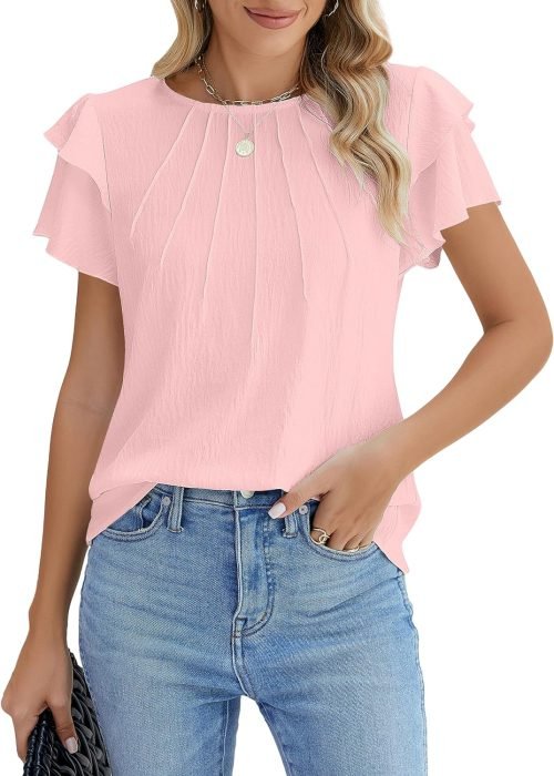 Women Dressy Casual Tops Business Work Blouses Summer Shirts Short Sleeve Crew Neck Outfits 2024