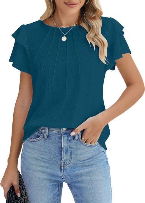 Women Dressy Casual Tops Business Work Blouses Summer Shirts Short Sleeve Crew Neck Outfits 2024