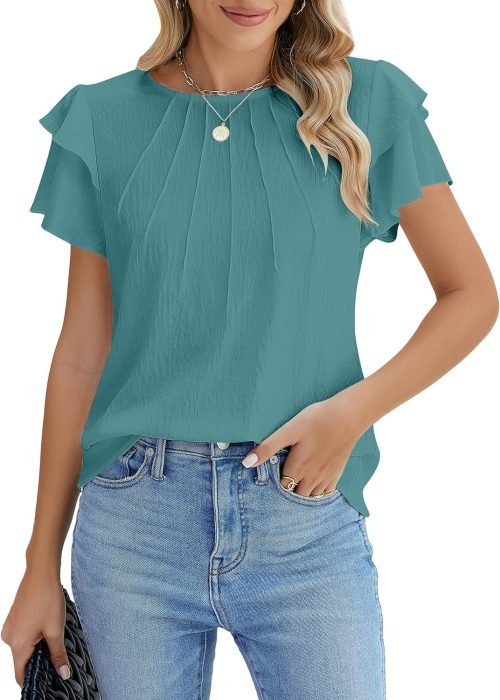 Women Dressy Casual Tops Business Work Blouses Summer Shirts Short Sleeve Crew Neck Outfits 2024