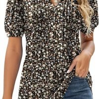 Womens V Neck Puff Short Sleeve Pleated T Shirts Fashion Summer Tops Casual Tunic Blouse, Floral Black, Medium