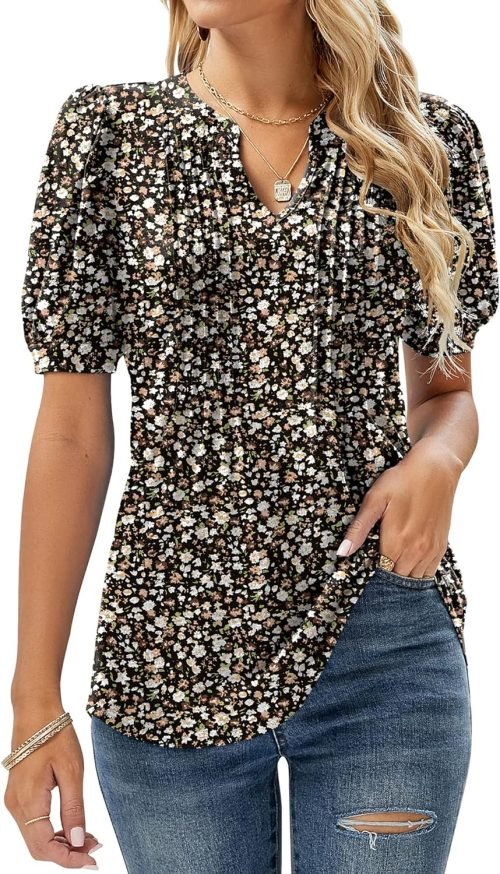Womens V Neck Puff Short Sleeve Pleated T Shirts Fashion Summer Tops Casual Tunic Blouse, Floral Black, Medium