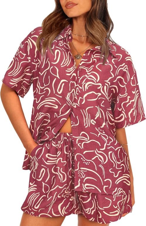 Womens 2 Piece Summer Beach Outfits Printed Short Sleeve Tops Lounge Shorts Casual Tracksuit Set