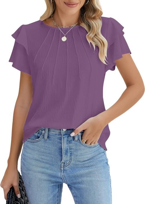 Women Dressy Casual Tops Business Work Blouses Summer Shirts Short Sleeve Crew Neck Outfits 2024