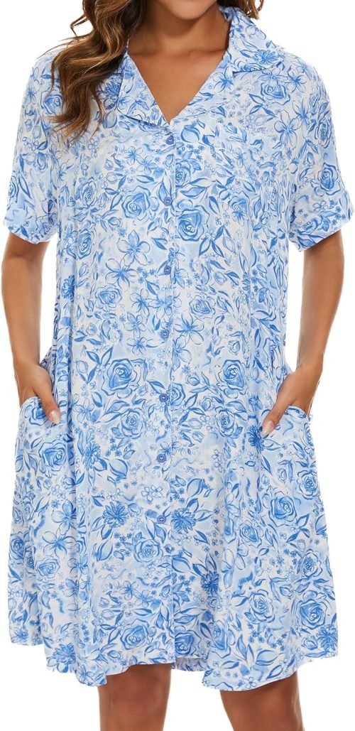 Cotton House Dress Women's Classic Nightgown Short Sleeve Housecoat Button-Up Front Duster Robe…