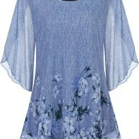 Women's Tops 3/4 Sleeve Blouses Dressy Casual Double Layers Mesh Tunic Shirts