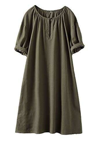 Women's Cotton Linen Dress Short Sleeve Midi Casual Tunic Dress with Pockets