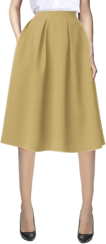 Women's Flared A line Pocket Skirt High Waist Pleated Midi Skirt